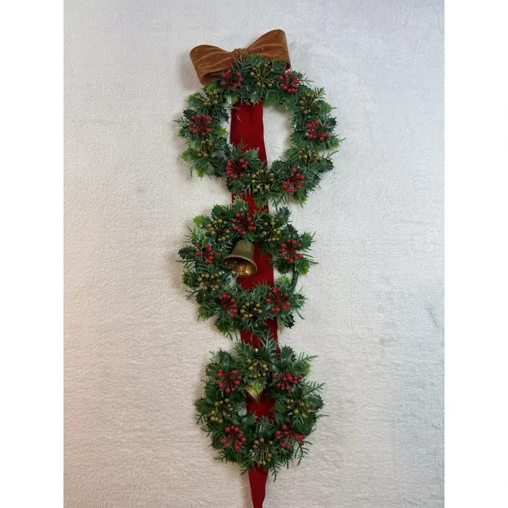 Vintage Plastic Triple Christmas Wreath with Bells on‎ Flocked Red Velvet Ribbon